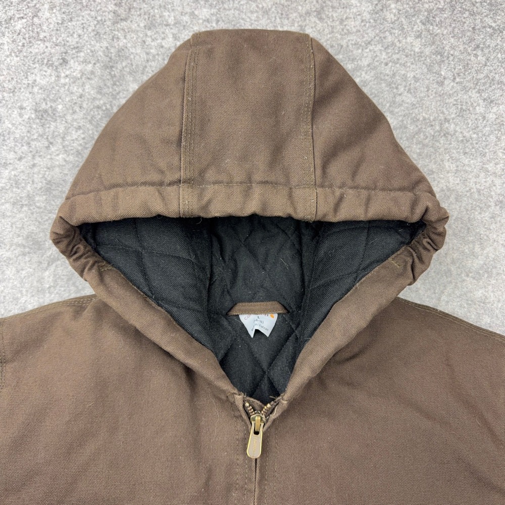 Carhartt Active Jacket Kids Large Brown Quilted Lined Canvas Hooded Work Coat - Picture 3 of 11